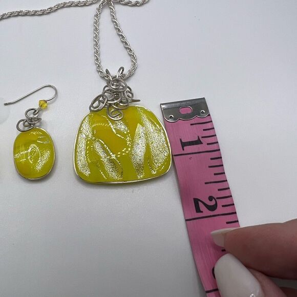 Yellow & Silver Dichroic Pendant Necklace & Earring Set. 925 Sterling Chain - Picture 5 of 11